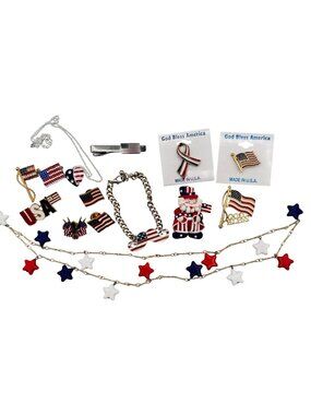 Patriotic Jewelry Lot Vintage American Flag Uncle Sam Red White Blue 14pc USA